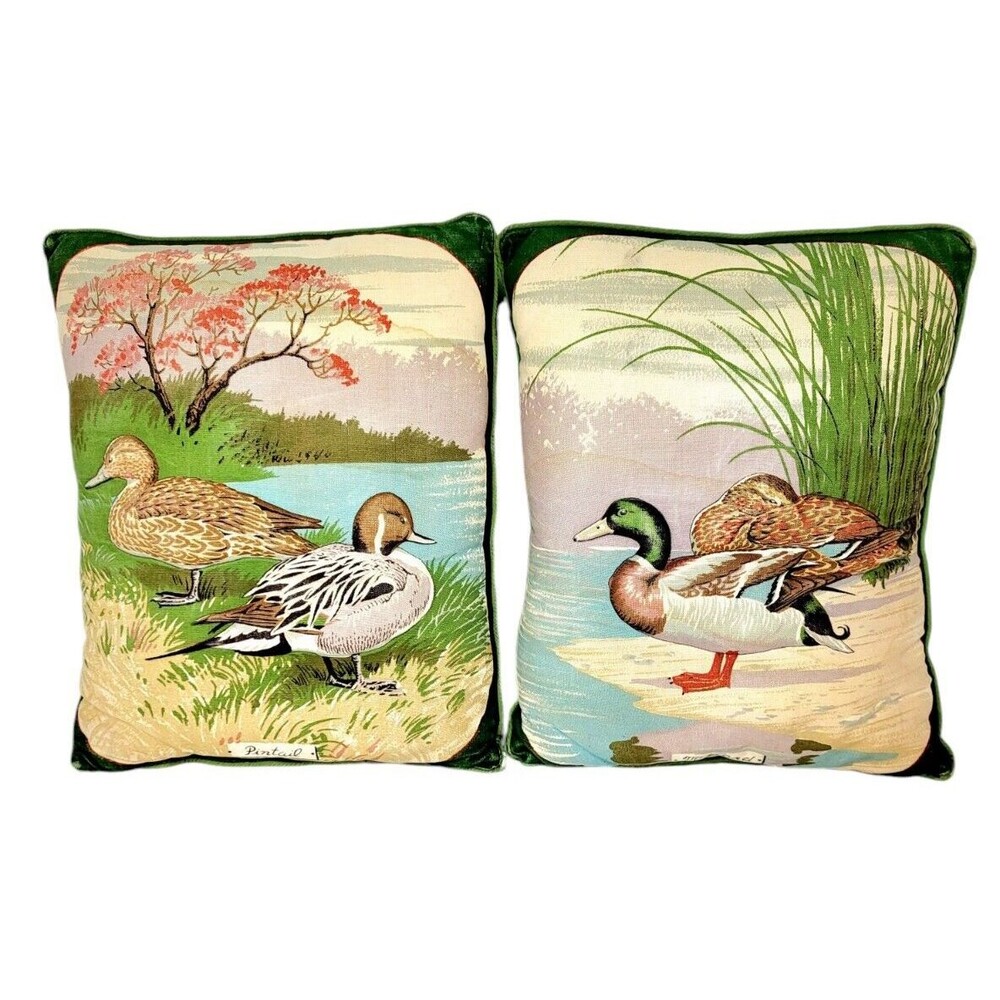Vintage MCM Quilted Raised 3D Ducks Cabin Pillows "Pintail" "Mallard" Set of Two